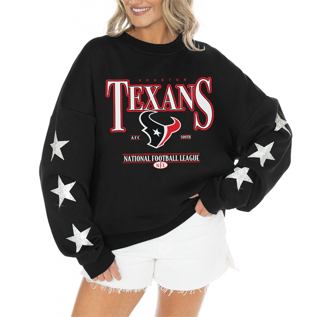 Women's Houston Texans Gameday Couture Black Rhinestone Star Sleeve Settle the Score Oversized Tri-Blend Pullover(Run Small)
